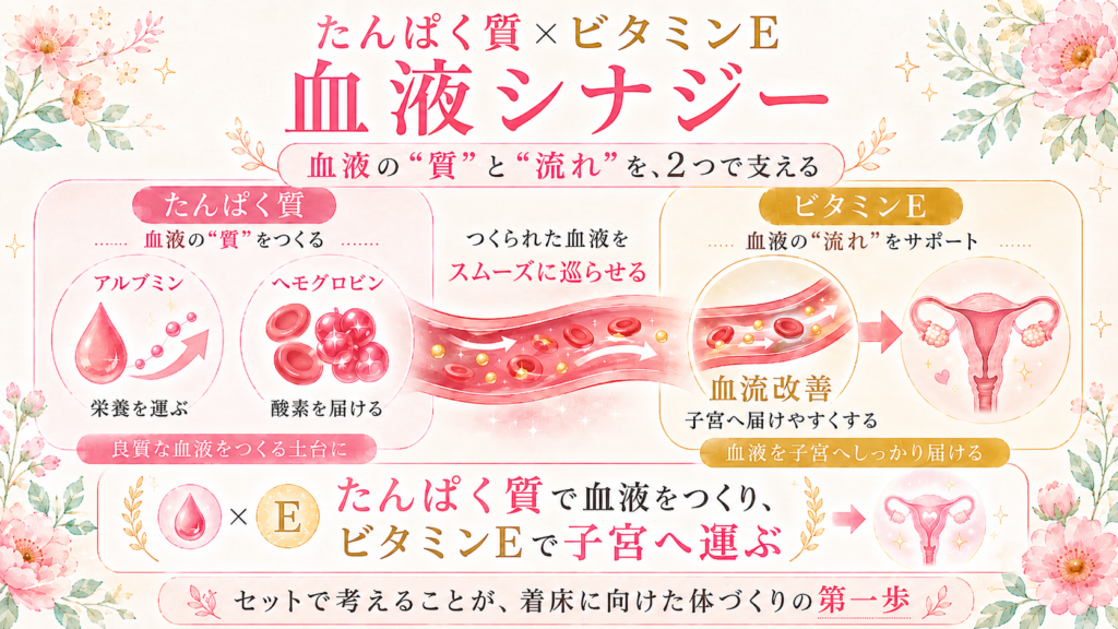 たんぱく質×ビタミンE 血液エナジー。を説明した画像