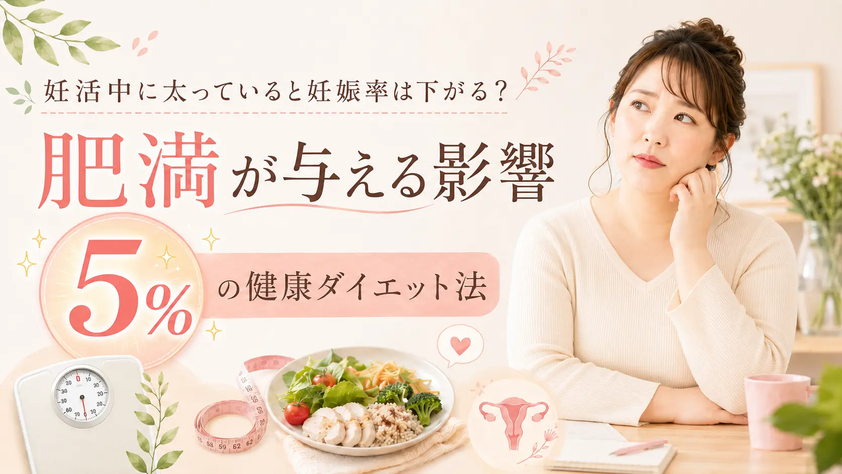 妊活中に太っていると妊娠率は下がる？肥満が与える影響と「5%」の健康ダイエット法のヒーロイメージ