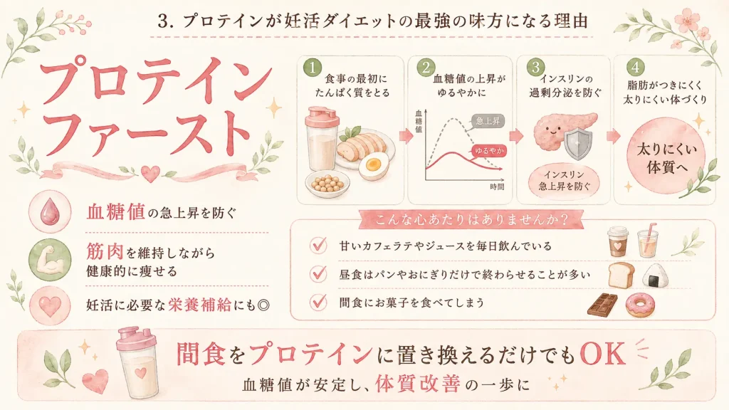 「プロテインファースト」で太りにくい体質への説明をしたイメージ画像
