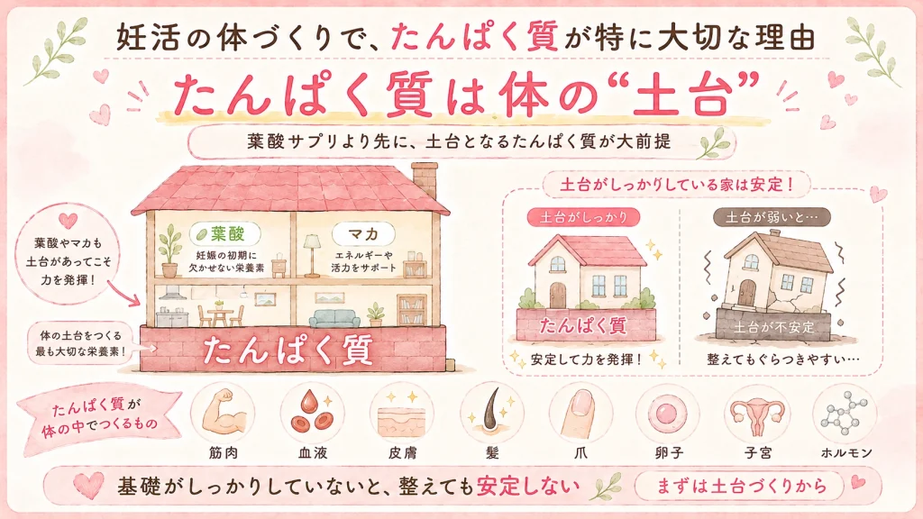 妊活の体づくりで、たんぱく質が特に大切な理由をイメージした画像